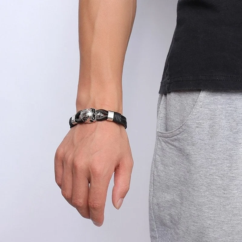 Skute Fashion Men Skull Design Genuine Leather Bracelets Rock Punk Stainless Steel Bracelet Bangles for Hip Hop Jewelry Gift | Украшения и