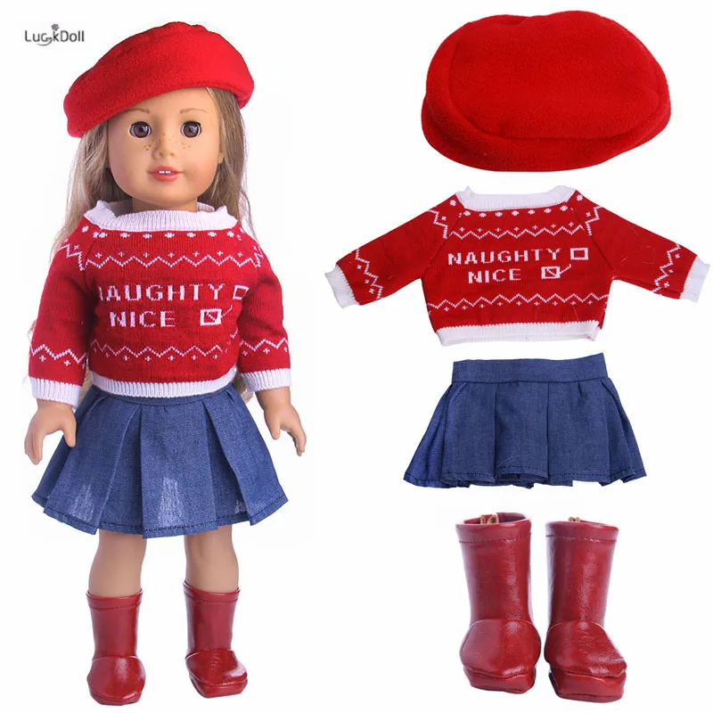 LUCKDOLL красного цвета для девочек, Модный комплект шапка+ свитер+ юбка+ сапожки для 18-дюймовые аксессуары для игрушечной куклы лучший подарок для детей на день рождения