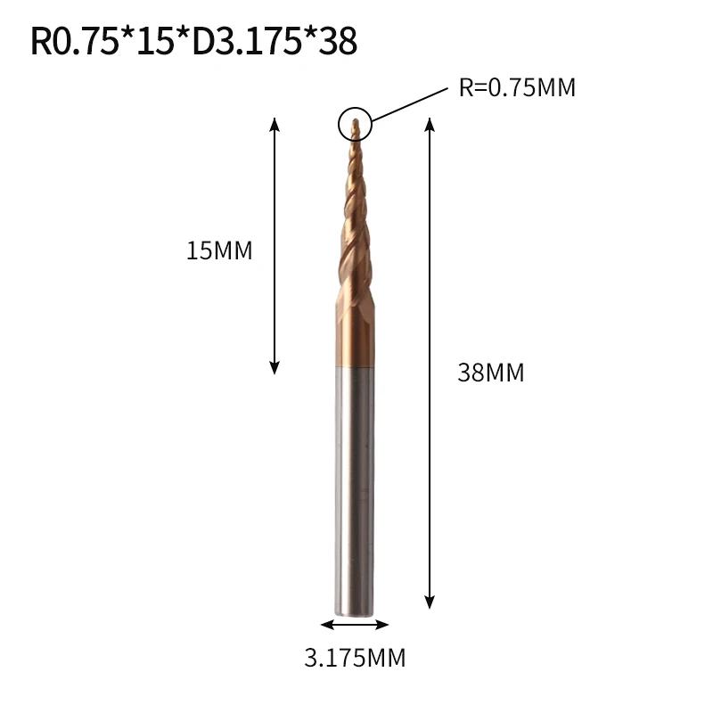 R0.75X15XD3.175X38L Augusttools конические сферические Концевые Фрезы HRC60 из карбида вольфрама с ЧПУ фрезерный станок для дерева, металла, фрезерования 3,175 мм 4 мм 6 мм 8 мм - Длина режущей кромки: R0.75X15XD3.175X38L