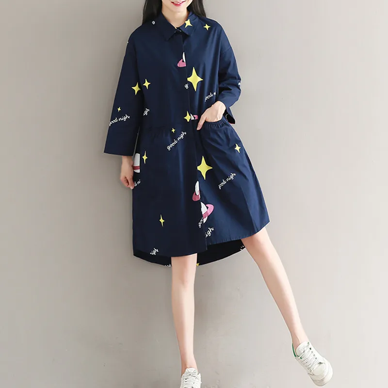 MIWIMD Large Size Women Autumn Dresses 2017 New Fashion Casual Loose Cotton Linen Long Sleeve Vintage Printed Shirt Dress | Женская