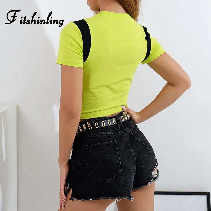 Fitshinling хлопок неоновый зеленый летняя футболка s для женщин 2019 уличный с