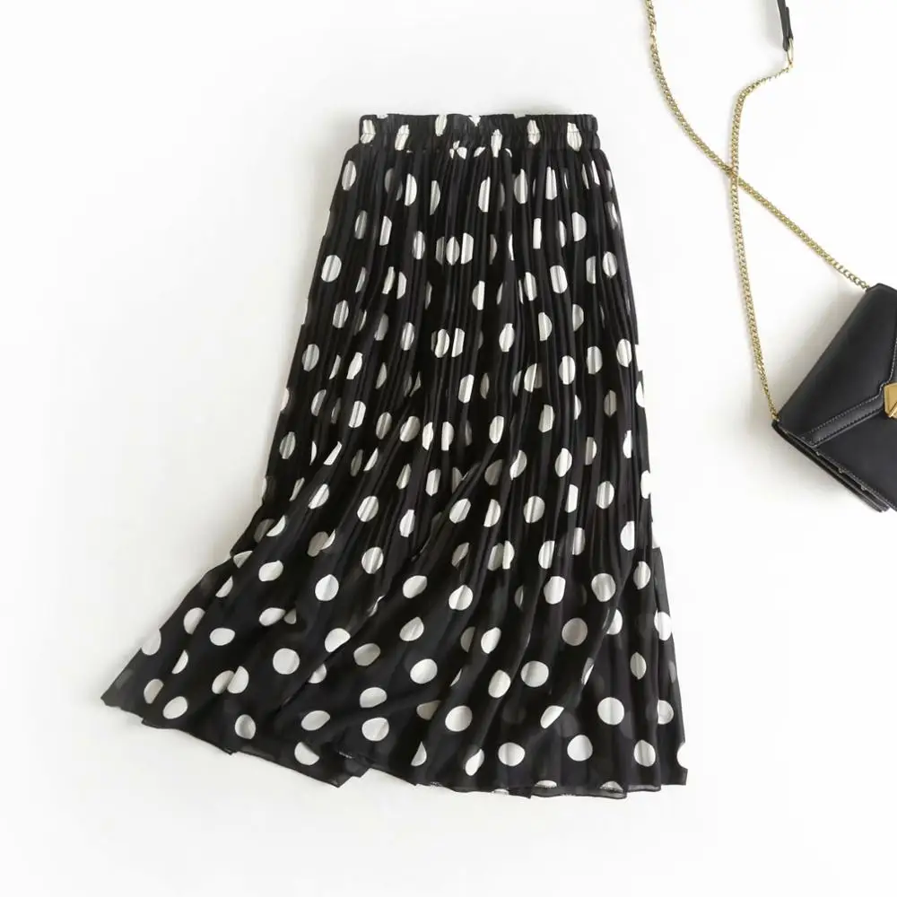 Women Summer Polka Print Chiffon Long Skirt Female European Style Pleated Elastic High Waist Skirts For Sweet Girl Skirt