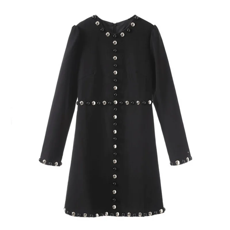 Женское вечернее мини платье с круглым вырезом черное длинными рукавами в стиле