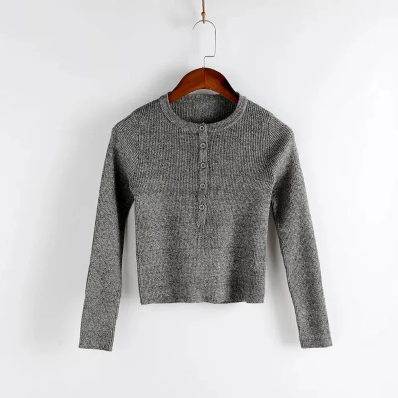 Solid Color Strentch Knitted Sweater Women Long Sleeve Slim Pullovers Top Female Buttons Warm Knitwear Jumper Pull Crop Tops | Женская