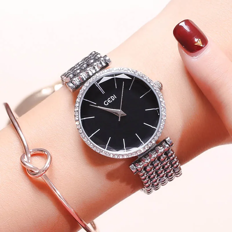 Silver black GEDI женские часы модные наручные часы для женщин роскошные женские часы женский браслет Reloj Mujer Часы Relogio Feminino - Цвет: Silver black
