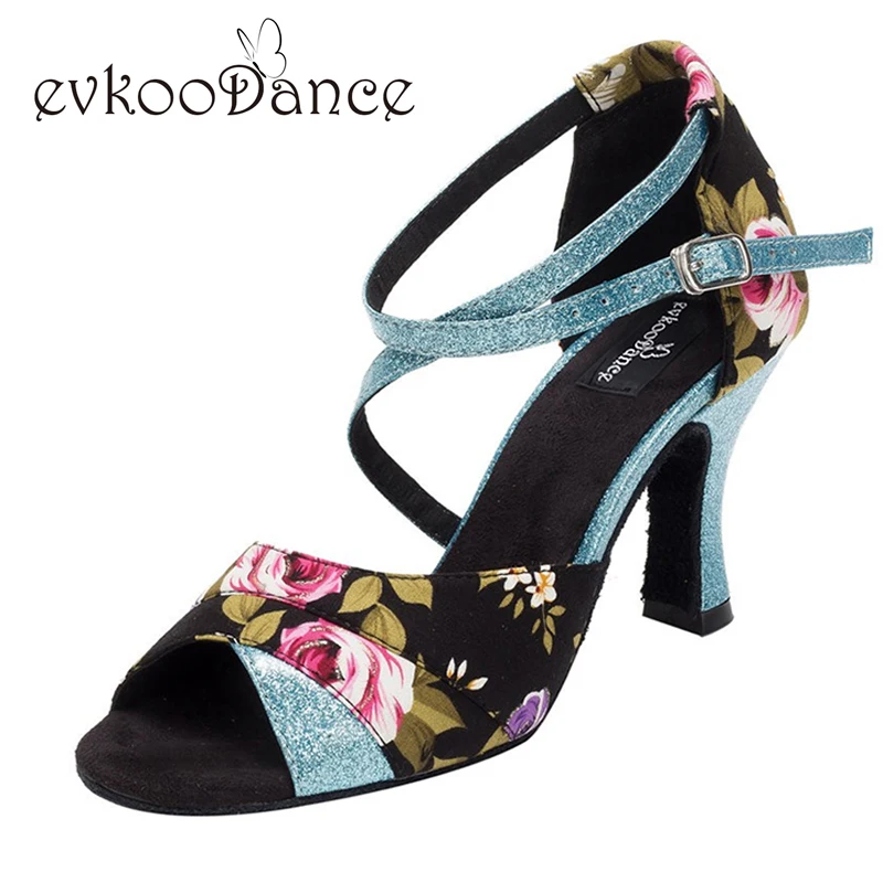 

Heel Height 8 cm Flower With Light Blue Size US 4-12 Comfortable Woman Dancing Shoes Latin Salsa Satin For Girls NL110