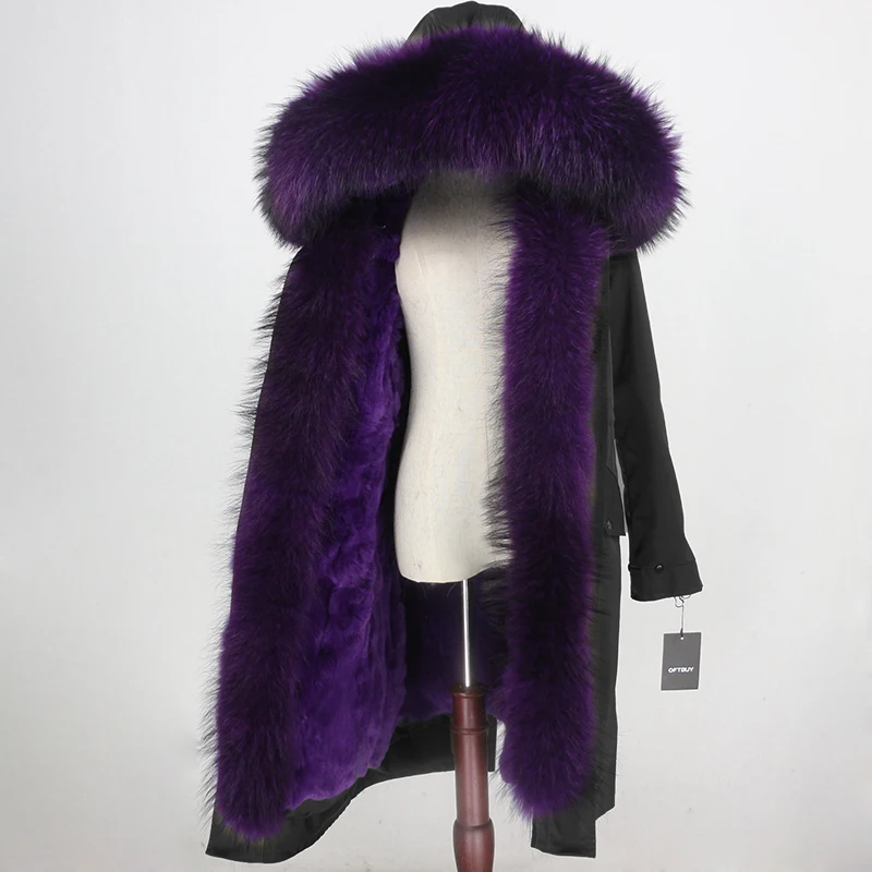 black purple OFTBUY X-long Женская парка водонепроницаемая верхняя одежда пальто из натурального меха натуральный мех енота воротник подкладка из натурального кроличьего меха съемный теплый - Цвет: black purple