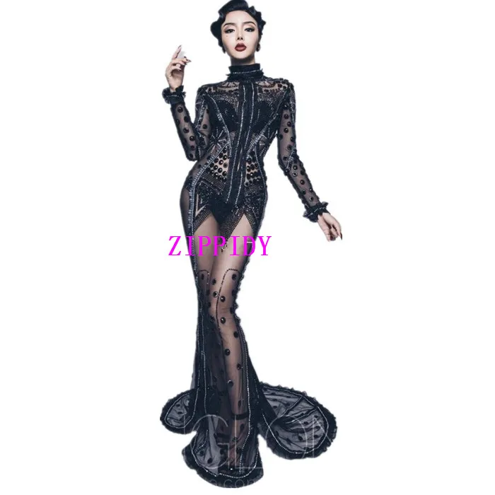 Соблазнительное прозрачное черное длинное стильное платье стразы сценическая