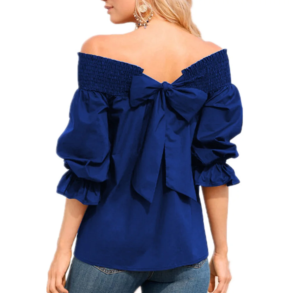 

Women Off Shoulder Tops Bow Back Flare Sleeve Slash Neck Casual Loose Ladies Blouse Shirts female tunics