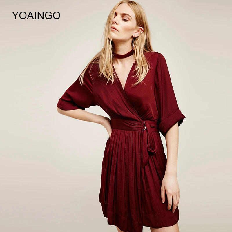 Yoaingo 2017 лето dress sexy женский косой v воротник рукав карман в юбке талии slim мода досуг