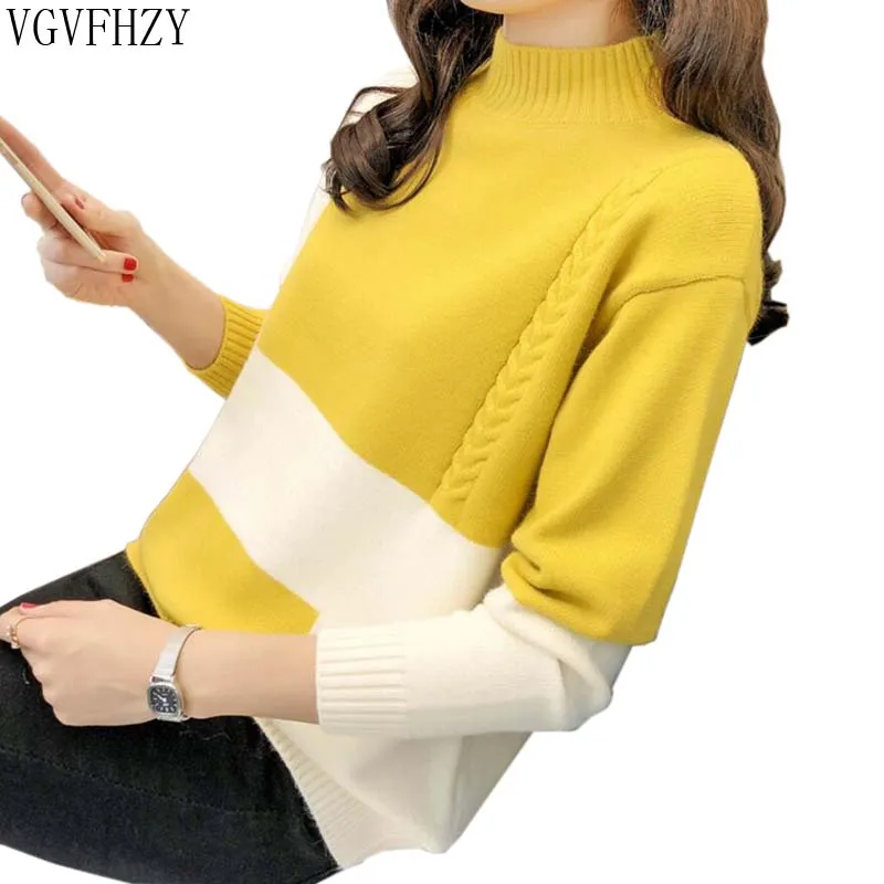 Женский свитер с длинным рукавом вязаный пуловер контрастных цветов LY1312 зима 2018 |