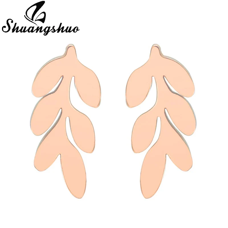 Shuangshuo Tiny New Vintage Leaves Stainless Steel Earrings for Women Beautiful Tree Leaf Stud Feather Studs | Украшения и