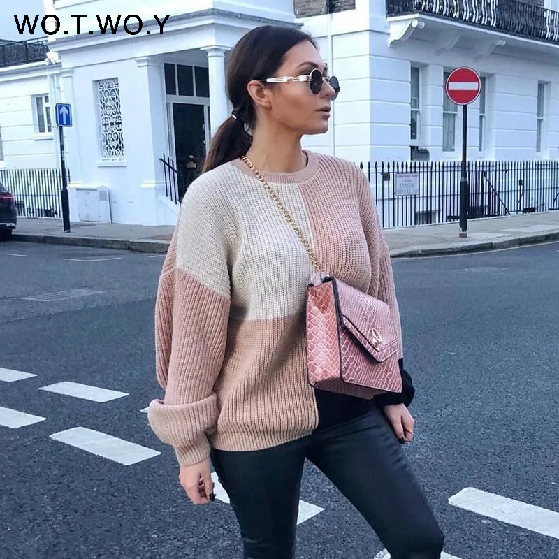 WOTWOY 2019 осень-зима Цвет блок свитеры Для женщин из Лоскутной Ткани с круглым