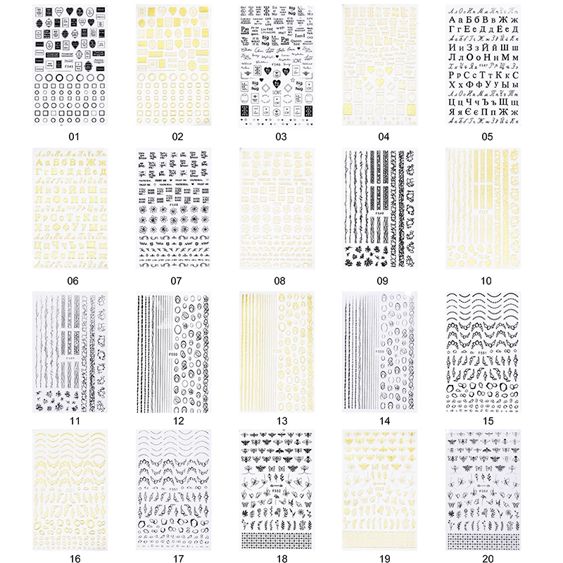 3D наклейки для ногтей геометрические буквы цветы смешанные узоры золотой черный