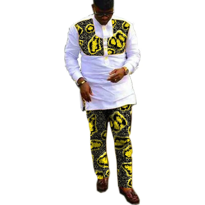 Модная мужская одежда в африканском стиле Лоскутные Топы + штаны комплекты белая
