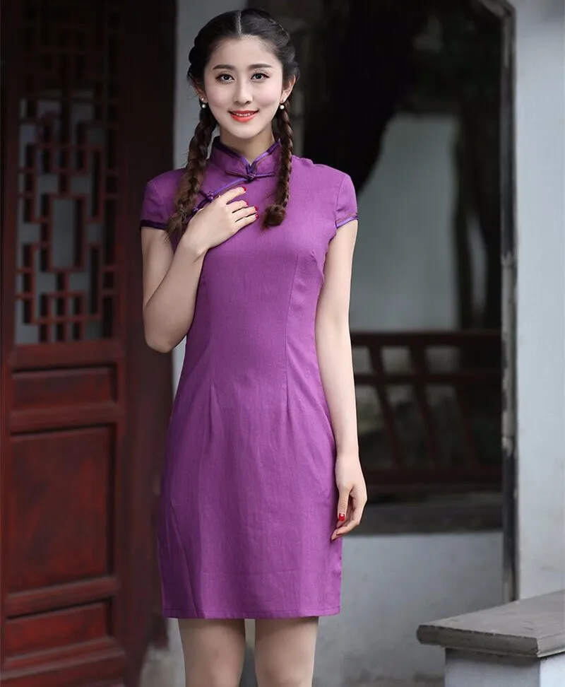 Элегантный темно синий китайский Женский мини чонсам Лидер продаж льняное