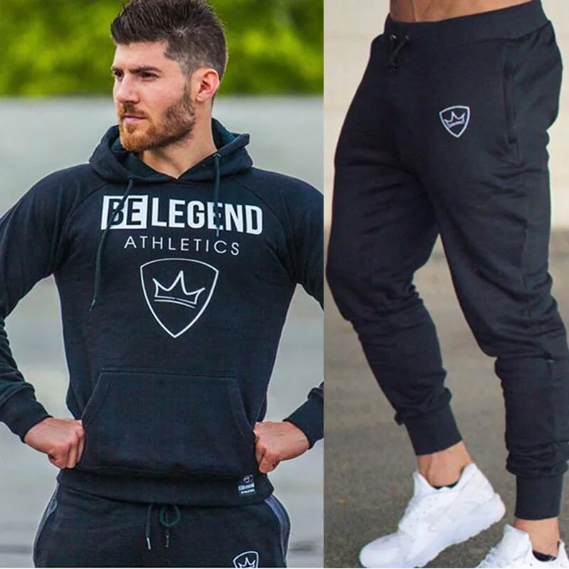 Black(Sets) Мужские комплекты спортивной одежды для бега, спортивные штаны, спортивные штаны для тренажерного зала, фитнеса, тренировок, кроссфита, толстовки, штаны, мужские спортивные Брендовые спортивные костюмы для бега - Цвет: Black(Sets)