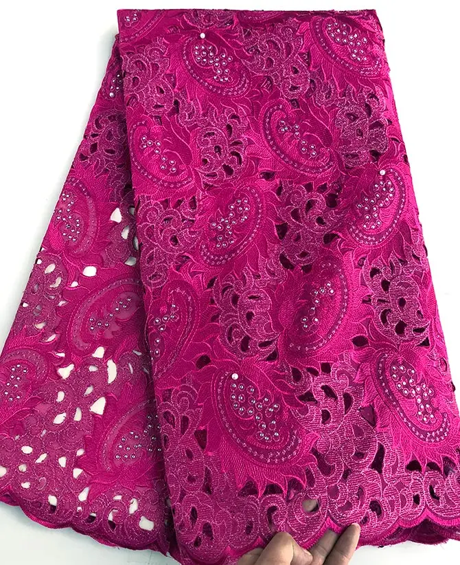 fushia pink 5 ярдов Белое золото Handcut африканская Кружевная Ткань красивая нигерийская одежда кружевная ткань для шитья с большим количеством камней - Цвет: fushia pink