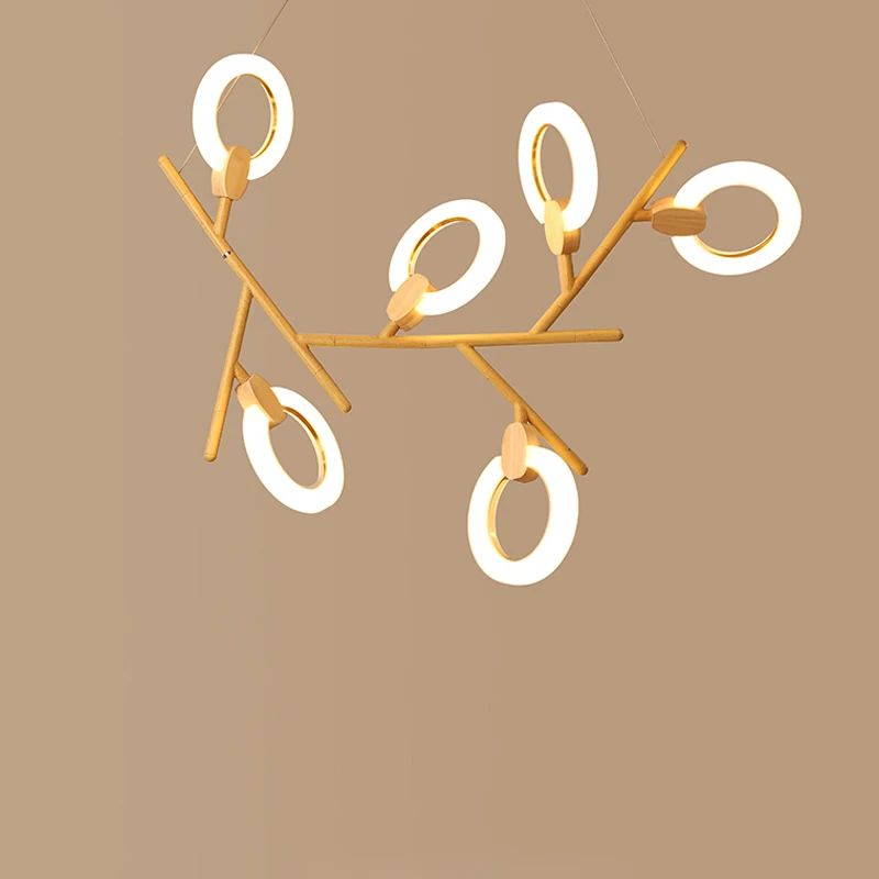

Nordic rubber wood molecular lamp creative design chandelier simple acrylic ring restaurant decoration LED djustable fixture