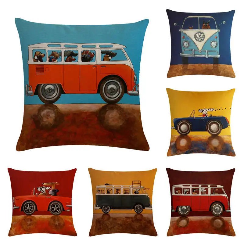 

Retro Bus Linen Throw Pillow Covers Couch Cushion Cover Home Decorative Pillows 45cm*45cm