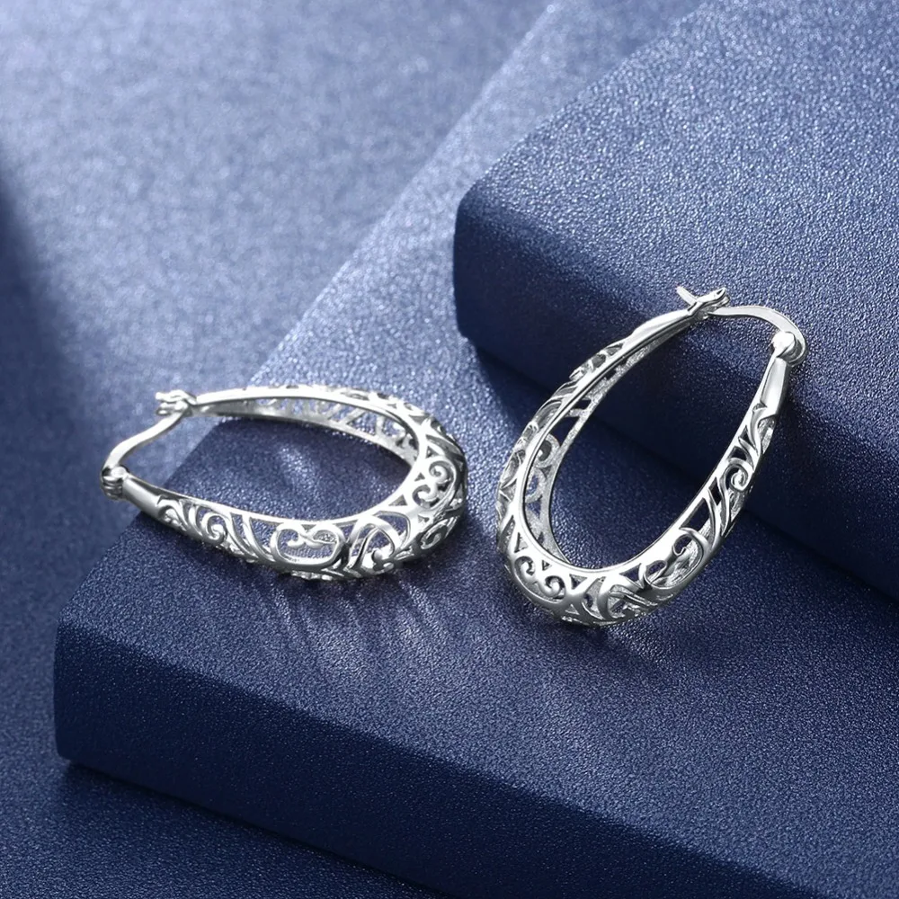 Retro 925 Sterling Silver Hoop Earrings Women Hollow Ancient Pattern Big S925 Lady Party Ears Ornament White Gold Color | Украшения и