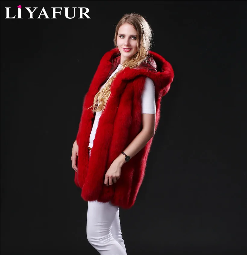 LIYAFUR натуральная Толстые Полный Пелт лисий мех длинные зимние жилет с капюшоном для женщин; Большие размеры Роскошные