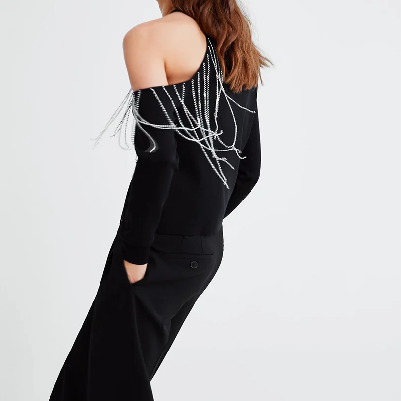 Arvinxia ZA Summer Solid Hollow Out Women Pullover New Off The Shoulder Long Sleeve Lady Sweaters Sexy Tassel O Neck Stylish Top | Женская