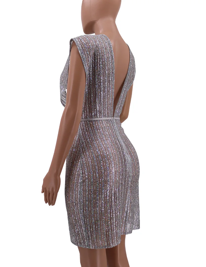 Adogirl Блестящие Блестки Sheer Mesh Bodycon клуб платье для женщин Sexy Глубокий V средства