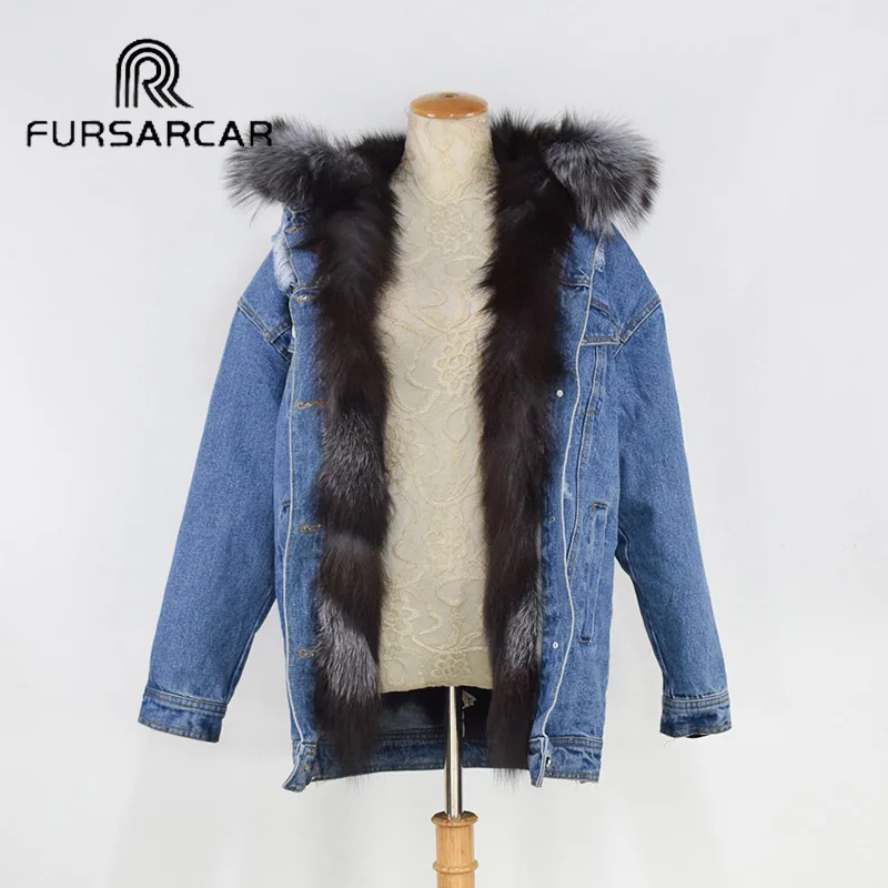 Женская джинсовая куртка FURSARCAR модная роскошная с капюшоном и подкладкой из