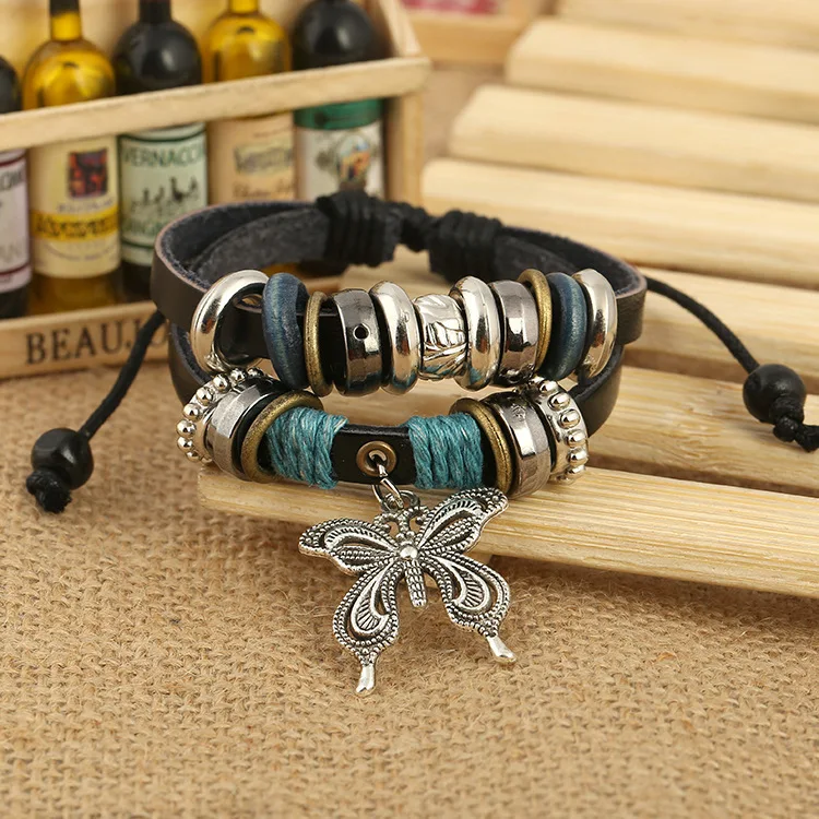 Модные кожаные браслеты с бабочками для женщин ювелирные изделия Boho плетеный