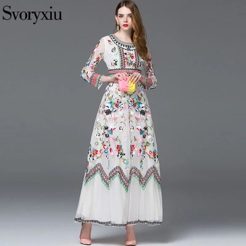 Svoryxiu Новая мода подиум макси платье женское с длинным рукавом потрясающее вуаль вышивка длинное платье