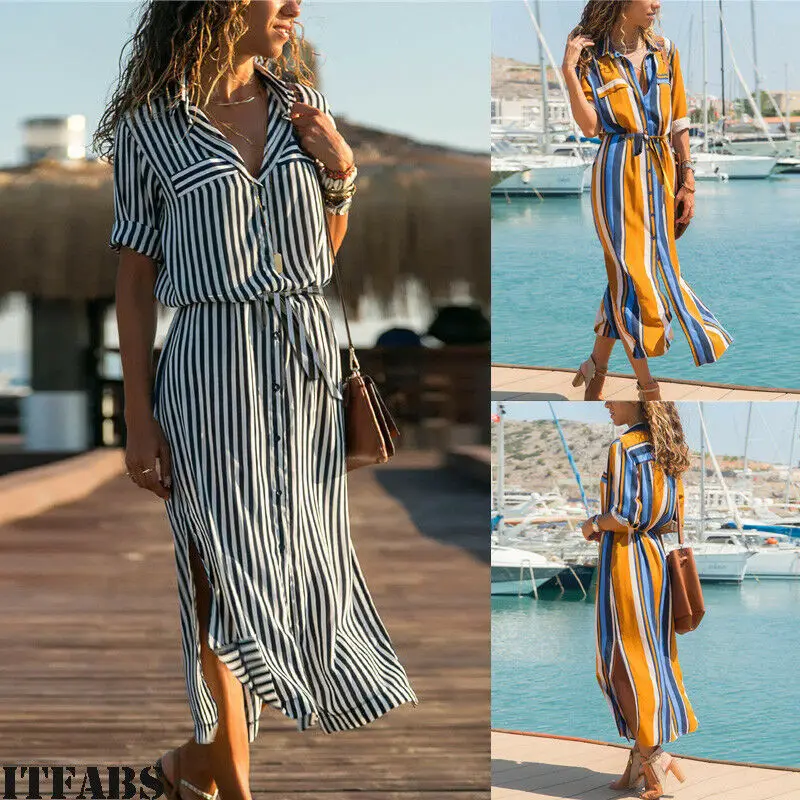 Женское платье в полоску Boho повседневное длинное пляжное Корейском стиле с