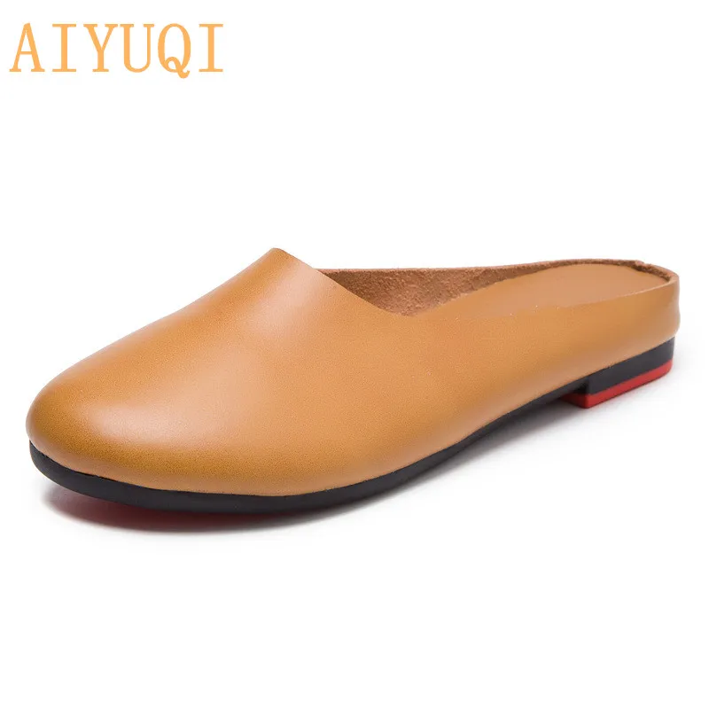 yellow AIYUQI/женские тапочки; Новинка года; сезон весна; женская обувь из натуральной кожи; большие размеры 41, 42, 43; повседневные летние женские тапочки на плоской подошве - Цвет: yellow