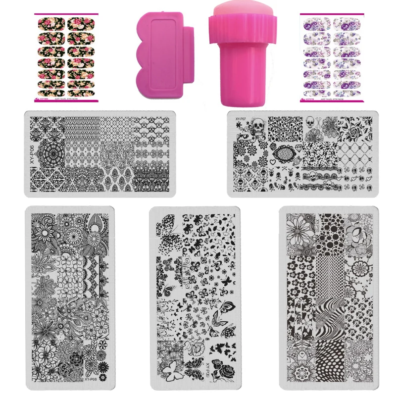 XYP Series 9PCS Nail Stamping Plates Set Kits Lace Flower Pattern Stainle Art Templates+Stamper+Scraper Beauty+nail sticker | Красота и