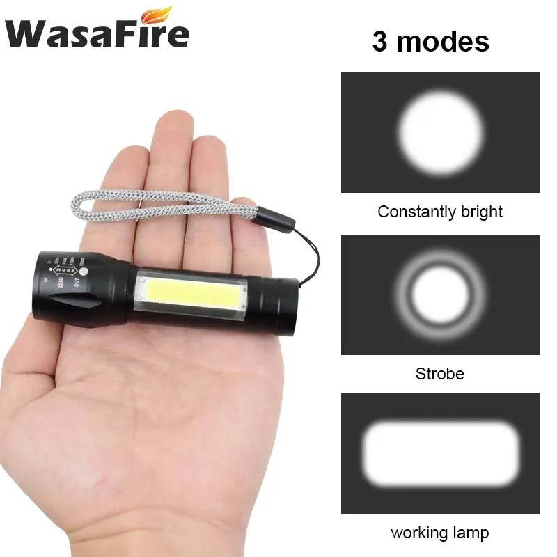 Мини фонарик Wasafire Q5 & Cob светодиодный масштабируемый алюминиевый с 3 режимами