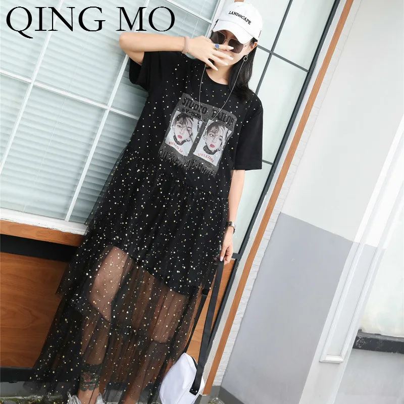 QING MO женское летнее черно-белое платье с красивым принтом Сетчатое лоскутное
