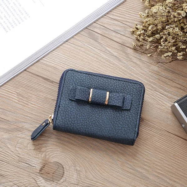 Dark Blue Wallet Женский кошелек на тонкой молнии, Женский кошелек, женские короткие кошельки из искусственной кожи, милый женский кошелек с бантом, мини-чехол для карт, женские кошельки - Цвет: Dark Blue Wallet