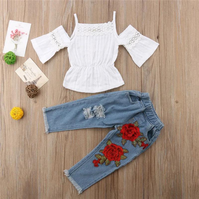 2018 детская Кружевная футболка с открытыми плечами для маленьких девочек топы +