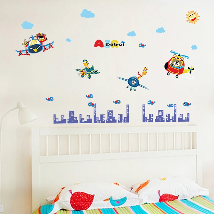 

Cartoon animal pilots city building wall stickers for kids room decor diy art mural removable wall sticker