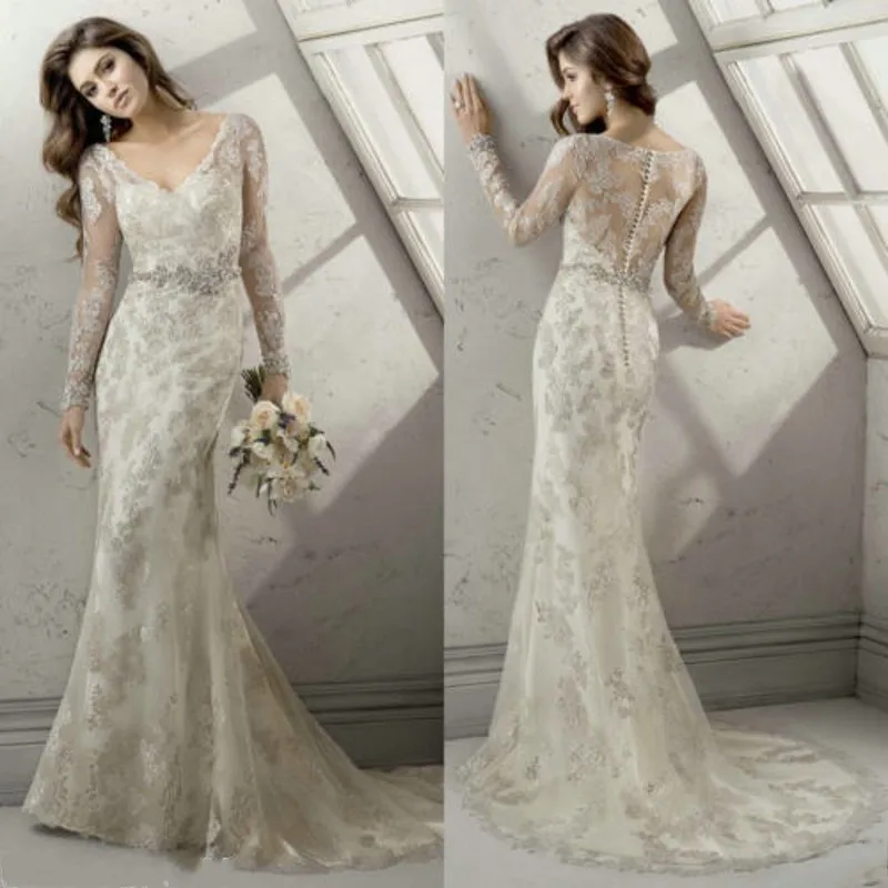 

Graceful Appliqued Court Train Marriage Dress Regular Long Sleeve Beaded Lace Wedding Dress V-Neck Zipper Back Button Bride Gown