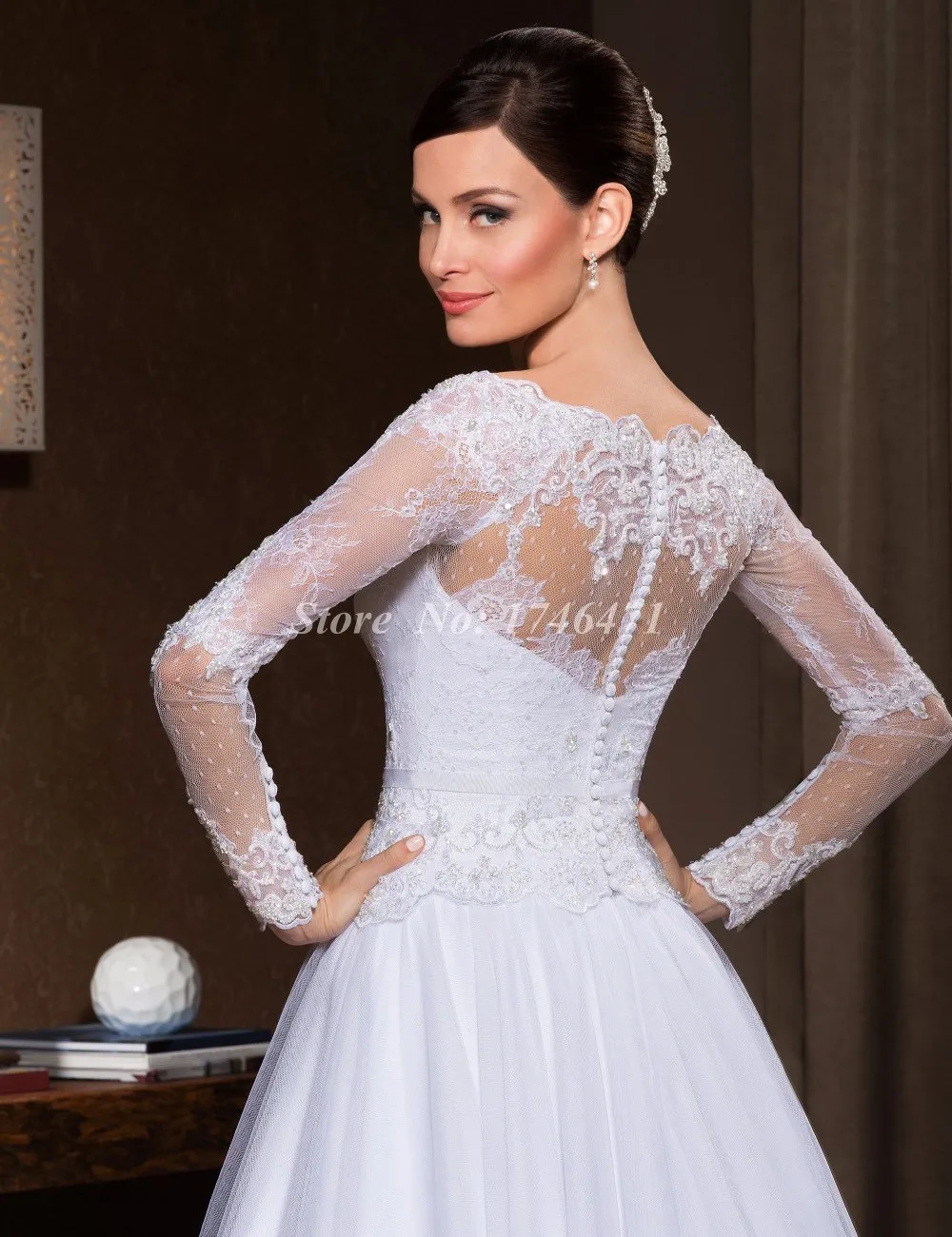 Vestido de noiva 2016 A line Bateau Appliques Long Sleeve Wedding Gown White Lace Dresses With Buttons | Свадьбы и торжества