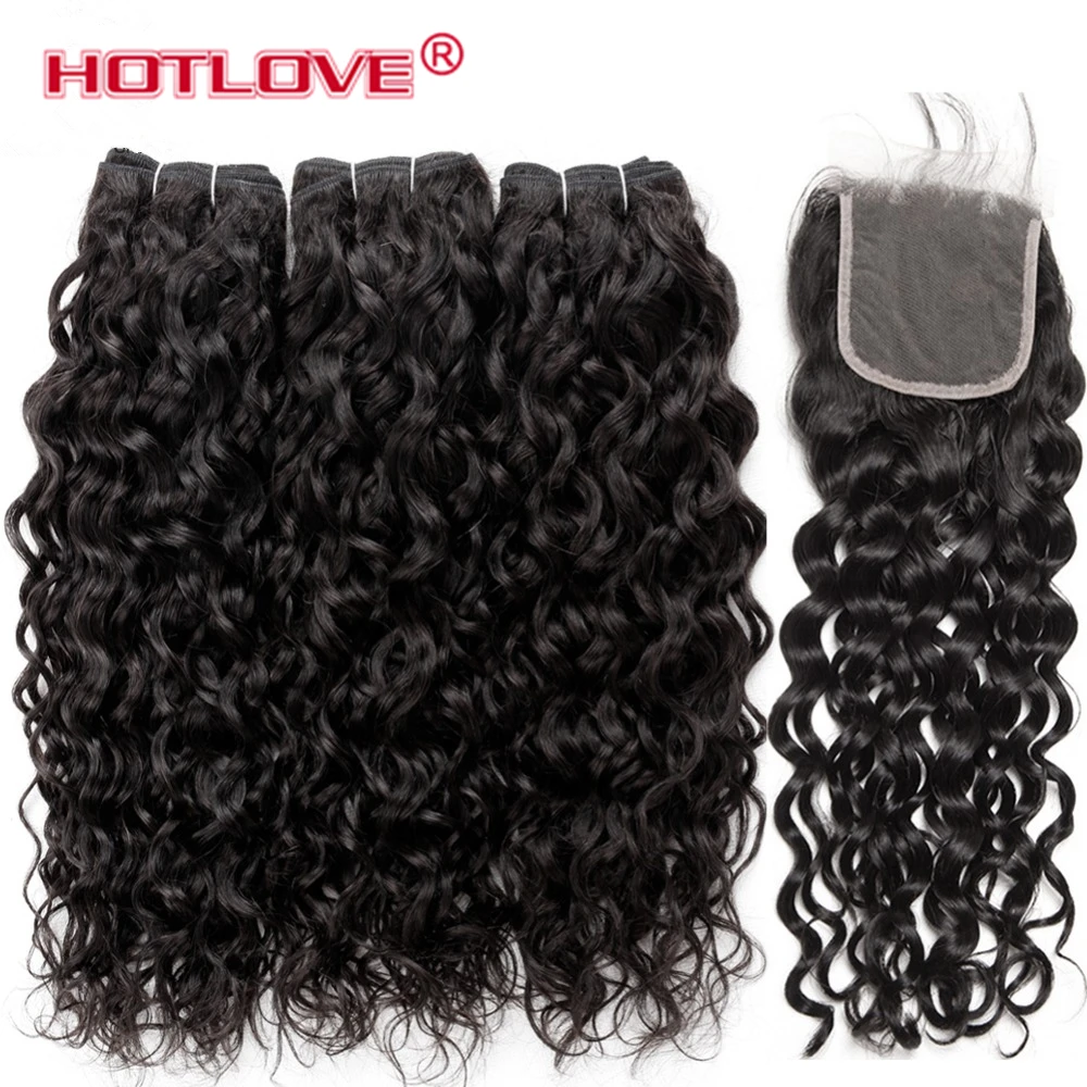 Hotlove волосы волнистые пучки волос с Закрытие 4 PCS бразильские переплетения