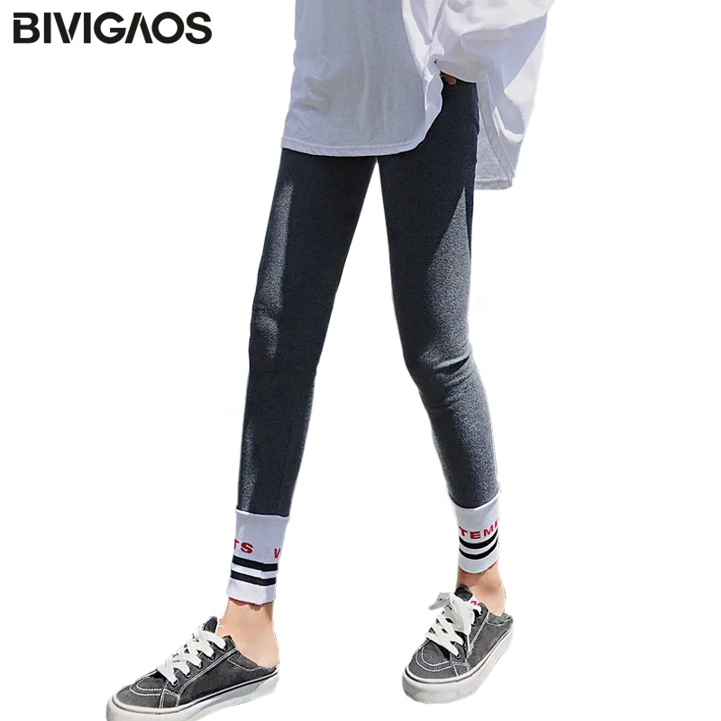 

BIVIGAOS Fall New Winter Women Cotton Legging Pants Stripes Letters Thread Splicing Ankle Slim Skinny Leggings Female Requisite