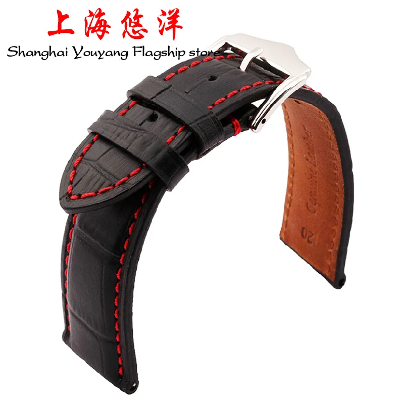 

18mm 19mm 20mm 21mm 22mm 23mm 24mm New Black Genuine Leather Watchband Watch Band Strap Bracelet With Red thread