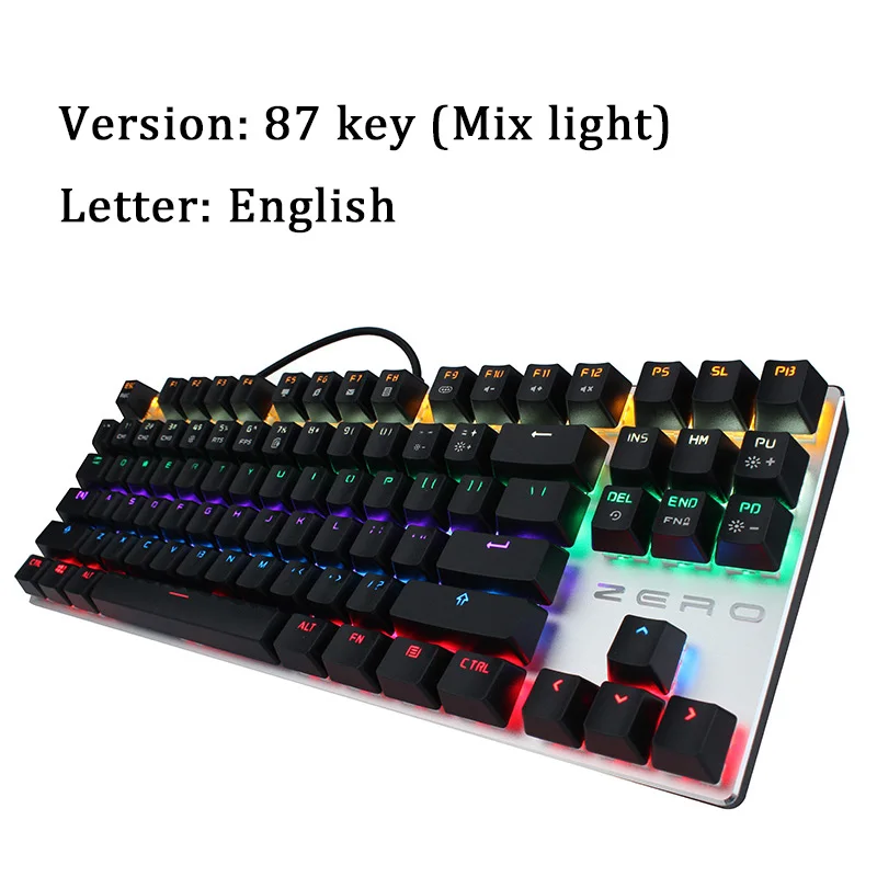 English 87 Key Механическая клавиатура 87/104 анти-ореолы синий черный красный переключатель светодиодный с подсветкой Проводная игровая клавиатура Русский Испанский Арабский - Цвет: English 87 Key