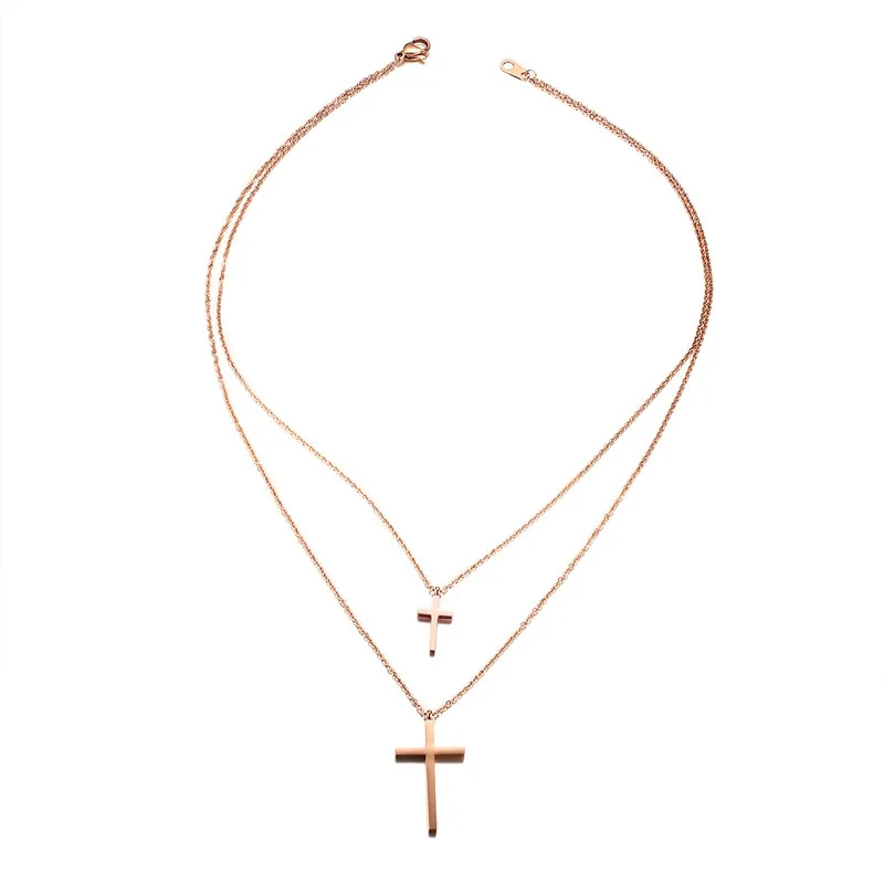 Женское многослойное ожерелье с двойным крестом из нержавеющей стали розовое