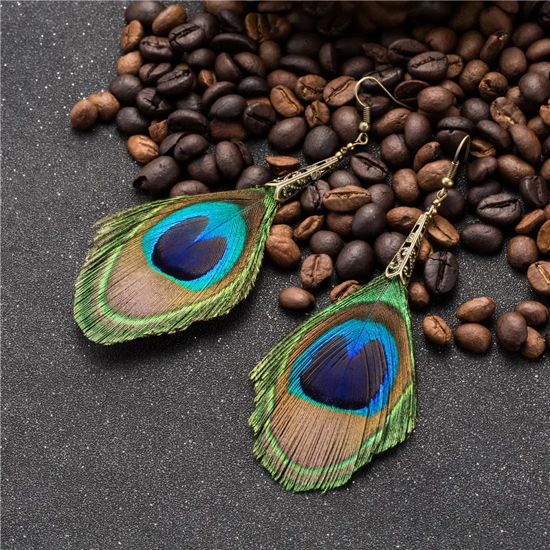 2019 boho натуральный серьги из перьев павлина для женщин этнические богемные Сплав