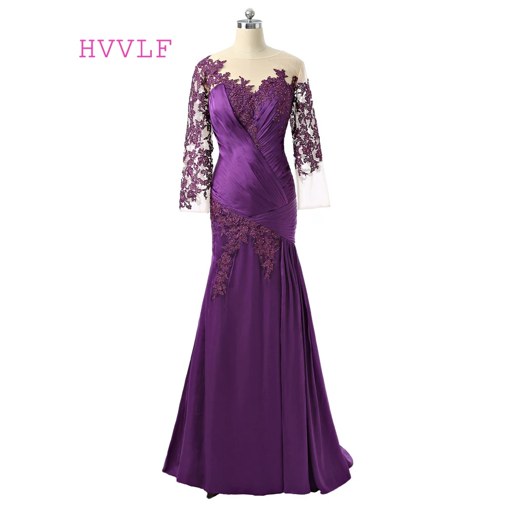 

Purple Mother Of The Bride Dresses Mermaid 3/4 Sleeves Tafffeta Beaded Long Brides Mother Dresses For Weddings Plus Size