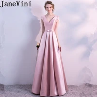 janevini simple pink long bridesmaid dresses v neck sleeveless lace up back pleat floor length women dress for wedding party