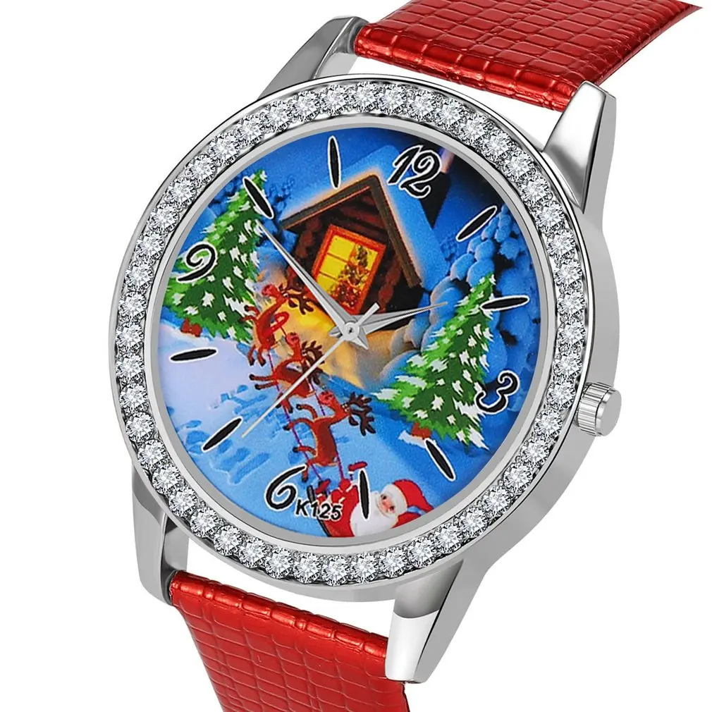 Женские кварцевые часы со стразами круглым циферблатом и ремешком из